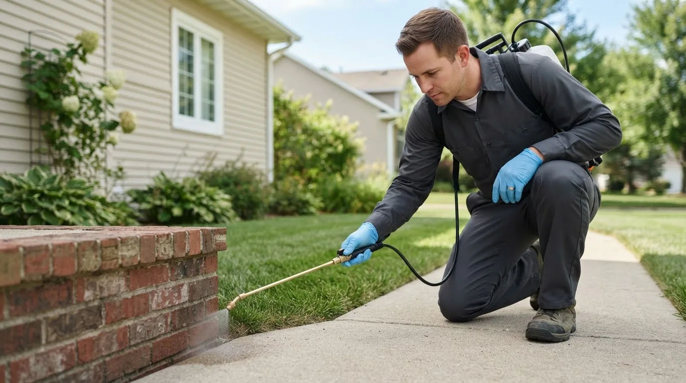 Pest control technician treating a home near Strawberry Point, IA